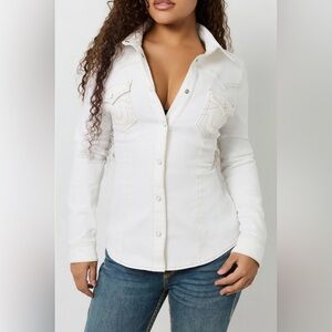 True Religion Winter White Western Denim Button-Down Shirt Blouse Top NWT L